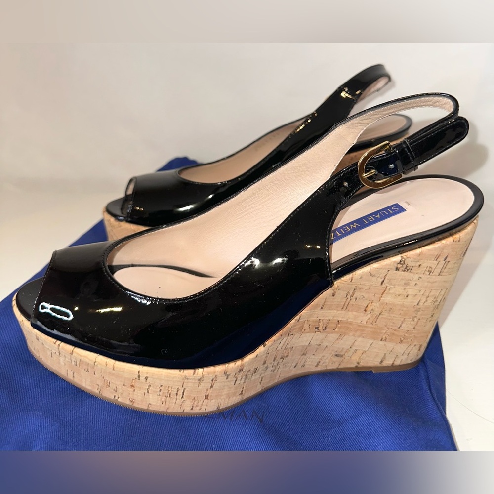 New Stuart Weitzman Black patent leather slingback cork wedge sandals shoes 7.5